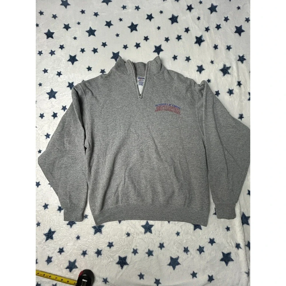 University of Kansas Jayhawks Quarter Zip Pullover Sweatshirt Gray Mens Large